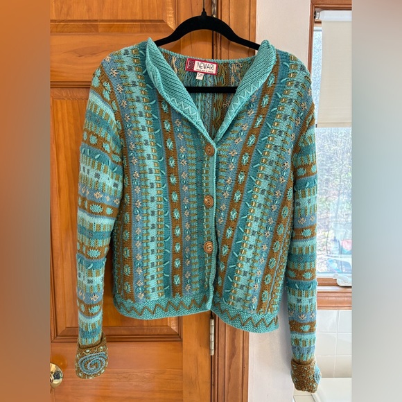 Newari Sweaters - Green/blue cotton cardigan- hand knit in Nepal- size S/M